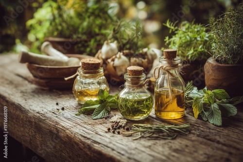Fresh herbs from the garden and different oils for massage on the table