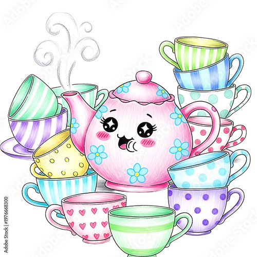 Cute cartoon teapot with smiling face and colorful teacups for tea party.