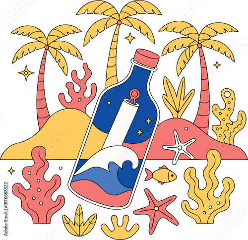 Message in a Bottle Tropical Beach Illustration – Summer Ocean Scene, Palm Trees and Sea Life Vector