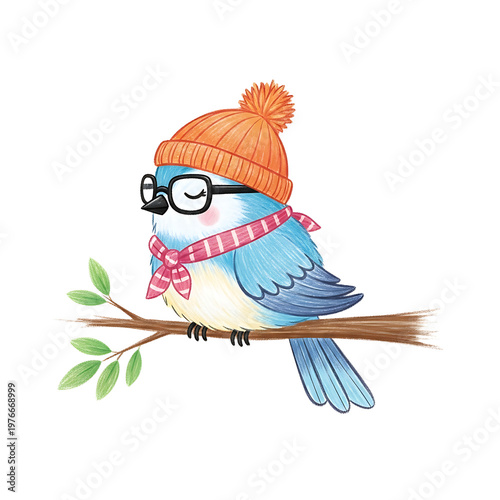 Cute cartoon bluebird wearing glasses, hat, and scarf sitting on a branch.