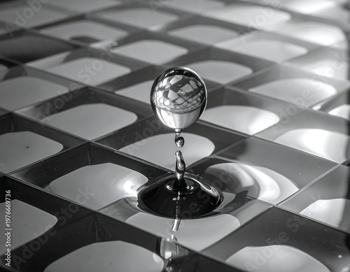 A metallic sphere atop a thin stem on a reflective surface