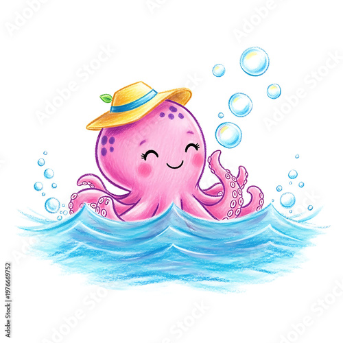 Cute cartoon octopus wearing a yellow hat and smiling in the ocean water with bubbles.