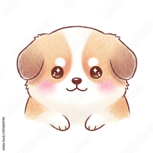 Adorable cartoon puppy with big eyes and a happy expression, smiling sweetly.