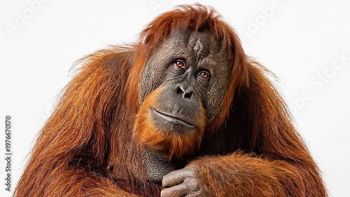 Thoughtful Orangutan Scratching Chin on White Background