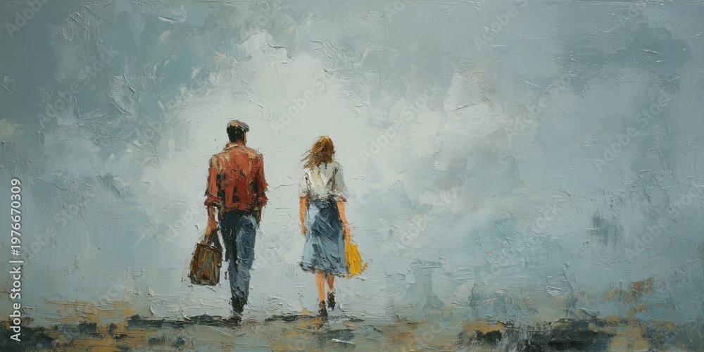 Fototapeta premium oil painting of two adults walking side by side at a visible distance from each other