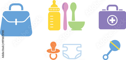 Baby essentials and care items are organized into a collection of flat icons representing the daily needs and tools for infant upbringing.