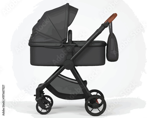 Stroller designed with a sleek black frame and modern aesthetic provides a comfortable and stylish solution for parents navigating urban environments with their young infants.