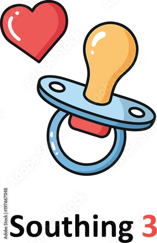 Pacifier icon accompanied by a red heart represents baby care and the soothing comfort provided to infants.