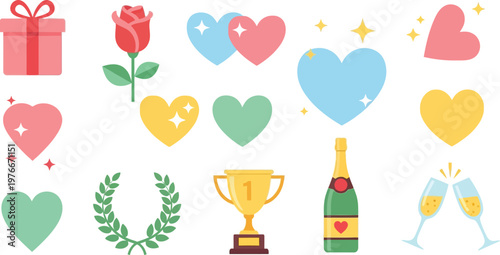 Heart shapes and celebration icons symbolize love, romance, and achievements in a bright collection of graphic elements.