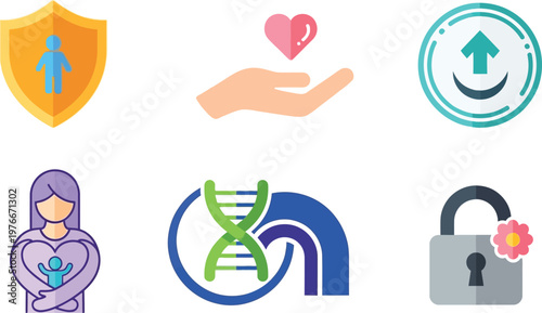 Healthcare and protection icons showcase symbolic representations of wellness, genetics, and safety designed for modern medical or social service applications.