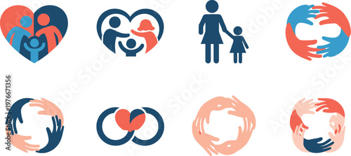 Family heart icons represent themes of love, community, and social unity through stylized graphic design elements suitable for diverse digital communication platforms.
