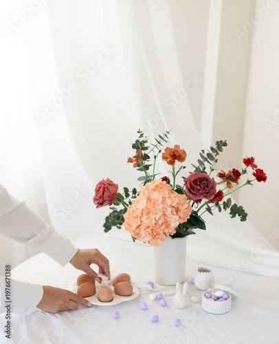 Easter home design. Greeting card. Minimalist white interior.