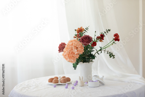 Easter home design. Greeting card. Minimalist white interior.