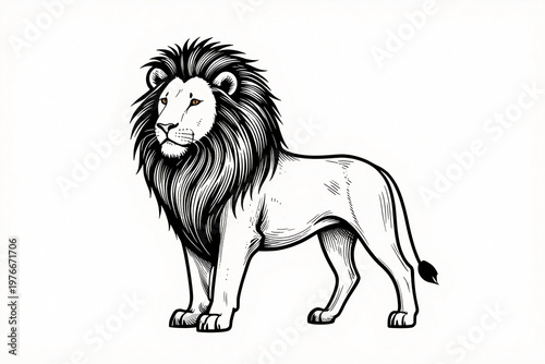 Golden lion stands with pride, mane flowing.