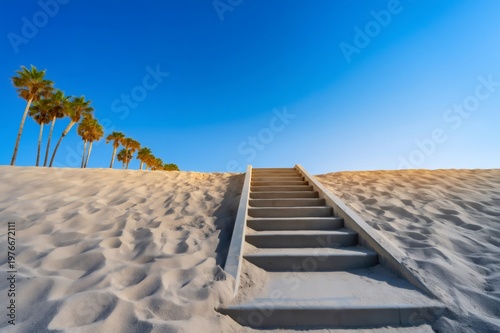 Beach access stairs leading up to clear blue sky
