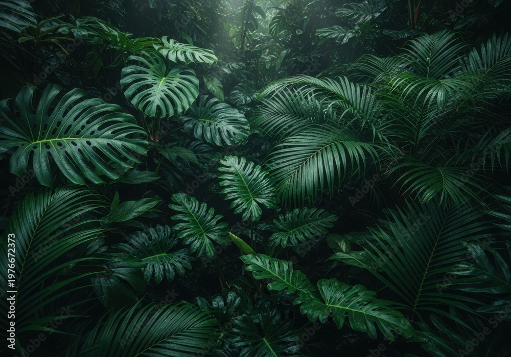 Fototapeta premium Lush green fern leaves in dense tropical rainforest with natural sunlight filtering
