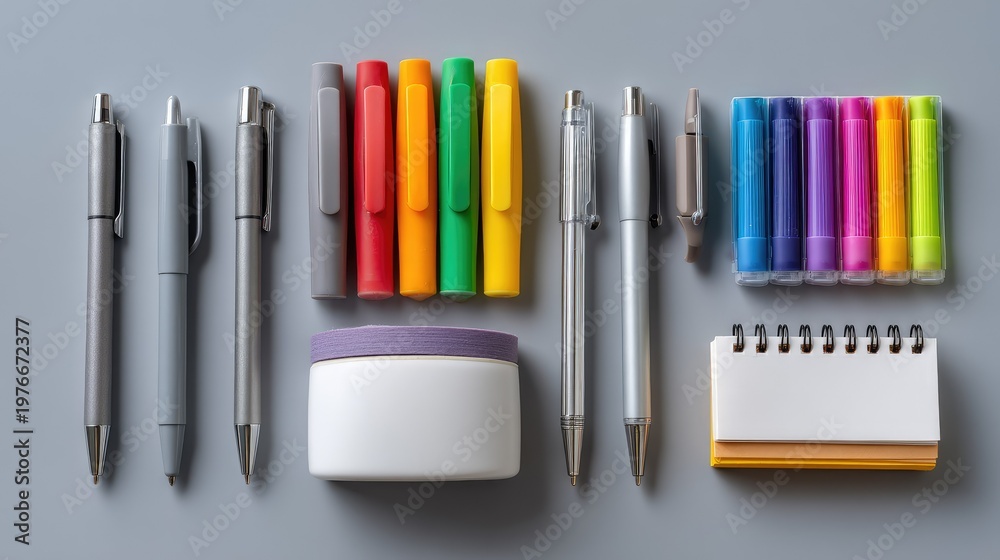 Fototapeta premium Office Supplies Arrangement with Pens, Markers, Notepad, and Adhesive Notes on Gray Surface for Creative Workspace and Study Environment