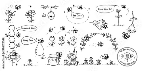 ミツバチと花の手描きペン画セット（世界ミツバチの日・自然と受粉のイラスト素材）、Hand-drawn Bee and Flower Illustration Set (World Bee Day, Pollination Nature Elements)