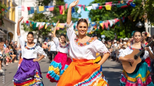 Hispanic women dancing folk during a traditional Latin American festival
