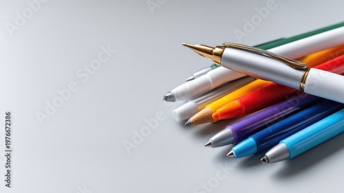 Collection of Colorful Writing Instruments Arranged Neatly on a Light Background for Office and Creative Projects