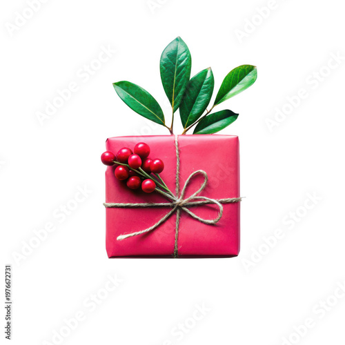 A beautifully wrapped pink gift box with green leaves and red berries on transparent background