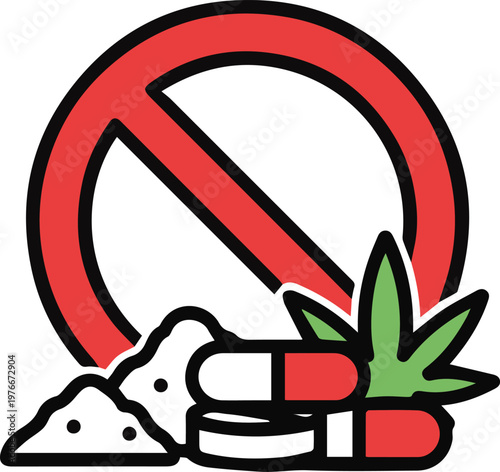 No Illegal Drugs Concept - Forbidden Substance Abuse and Addiction Prevention - Harmful Narcotics Warning Sign and Public Health Awareness Icon