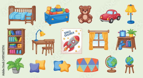 Collection of cute cartoon objects for children's room, cheerful and whimsical vector designs, including animals, furniture, and fun decorative items, ideal for wall art, stickers, 