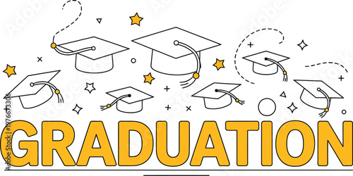 Graduation illustration vector, word “Graduation” with graduate caps thrown up on white background celebrating class of 2026 and congratulating graduates.