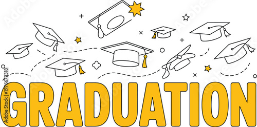 Graduation illustration vector, word “Graduation” with graduate caps thrown up on white background celebrating class of 2026 and congratulating graduates.