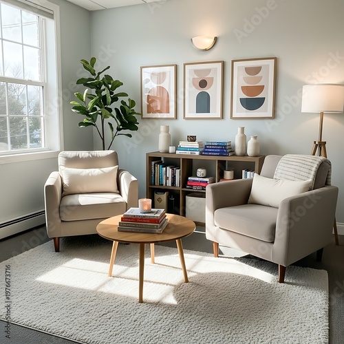 Cozy Living Room with Modern Art and Natural Light.