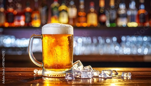 Close-up of frothy beer in mug with ice cubes, bar blurred backdrop