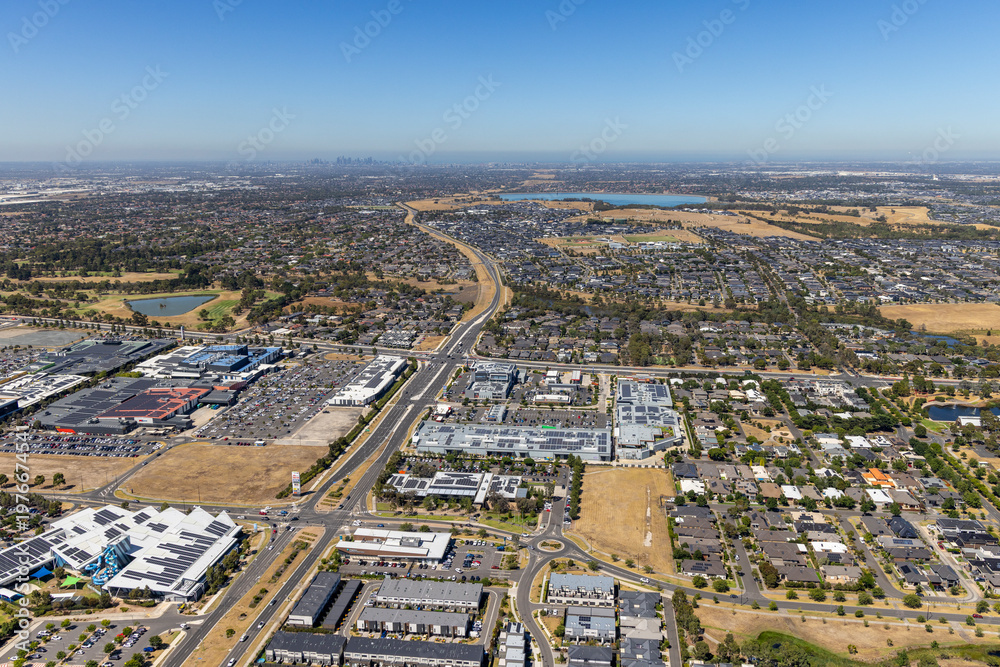 Obraz premium Craigieburn aerial view of residential suburb, highways and commercial precinct, Victoria Australia