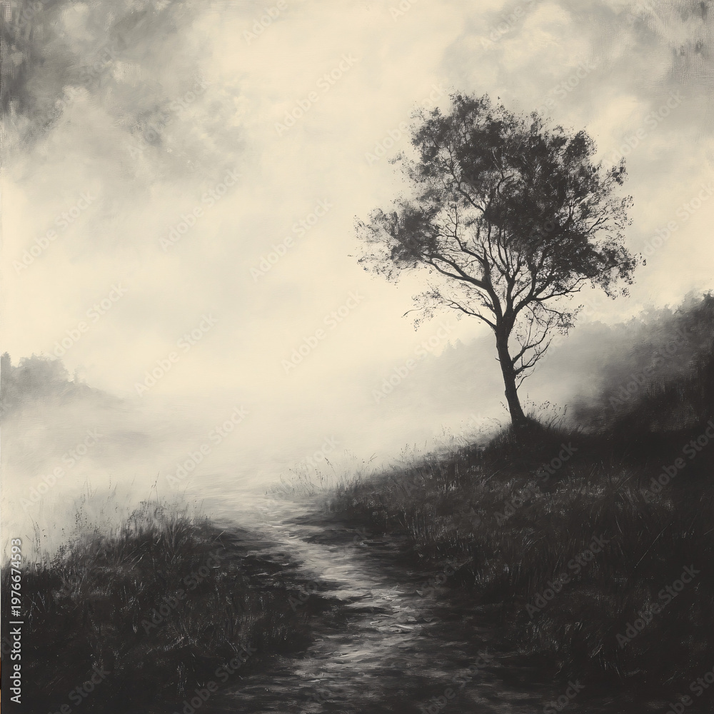 Fototapeta premium Winding path leading to a solitary tree in foggy hills