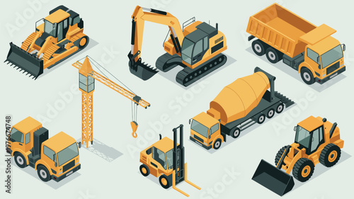 Collection of isometric construction vehicles and heavy machinery, detailed vector illustrations in 3D perspective, including excavators, bulldozers, cranes, and trucks, ideal for construction,