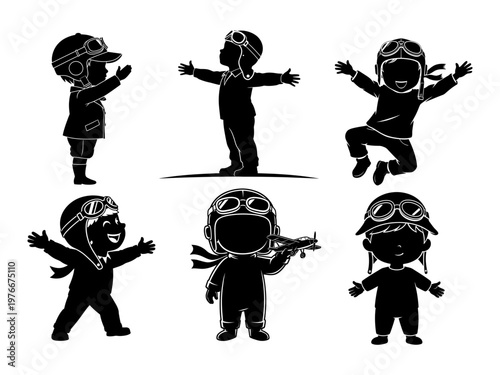 Silhouettes of six happy children dressed as aviators playing and posing in various joyful stances.