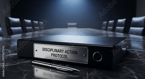 A black binder labeled Disciplinary Action Protocol sits on a conference table