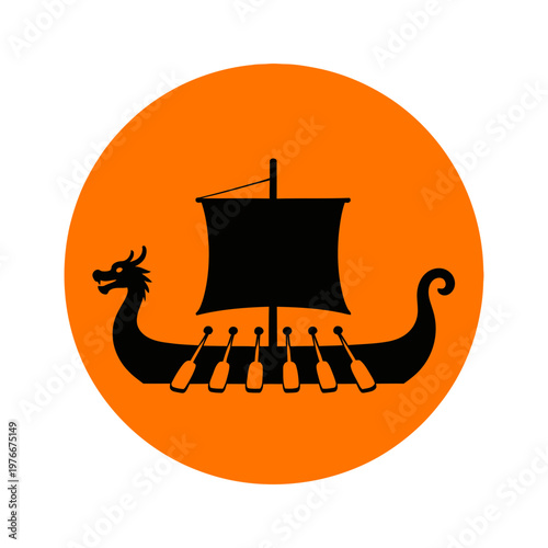 Viking longship silhouette with oars and sail ancient Norse vessel.