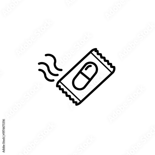 Outline icon of a sachet packet with a capsule and wavy lines for medicine