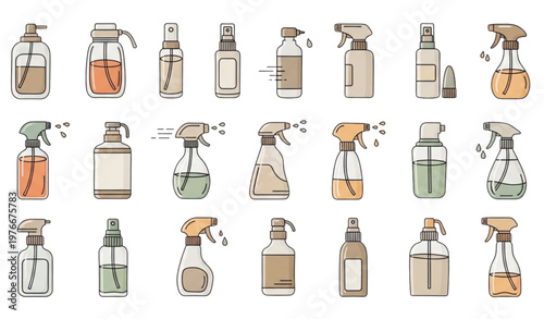 Cleaning Spray Bottle Collection with Different Household Liquid Containers Sanitizer and Detergent Packaging Set Isolated on White Background Vector Illustration