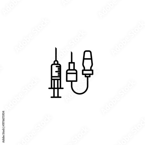 Medical syringe and intravenous iv drip line outline icon for healthcare
