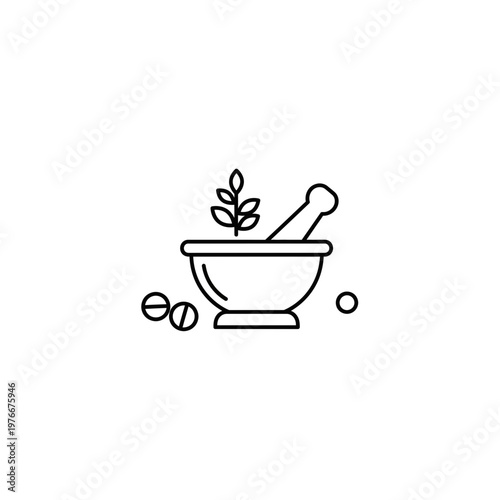 Traditional mortar and pestle icon with herbal leaves and pills, medicine