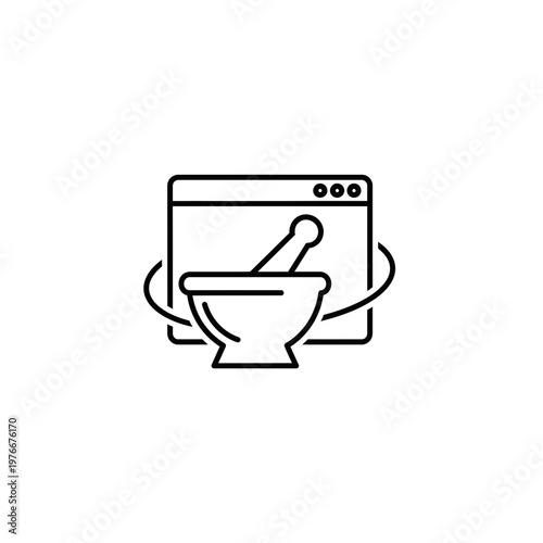 Online pharmacy mortar and pestle line icon with pharmacy medicine healthcare