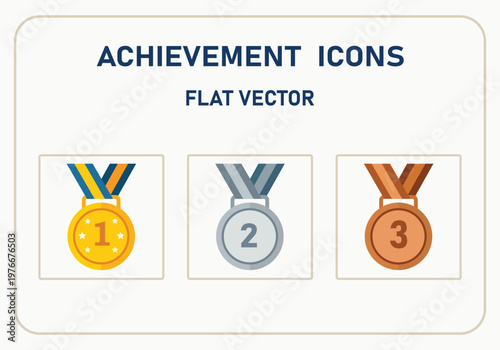 Flat vector achievement icons with gold, silver and bronze medals