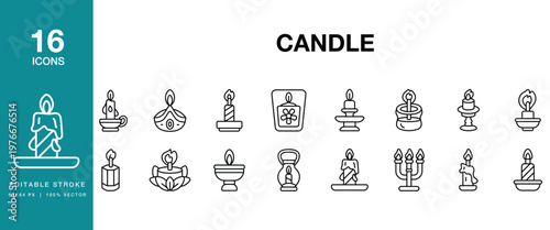 Candle icon set. Includes candle, flame, light, wax, burning, fire, glow and More. Editable Stroke Icon Collection.