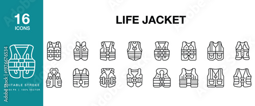 Life Jacket icon set. Includes lifejacket, safety, vest, flotation, water, rescue and More. Editable Stroke Icon Collection.