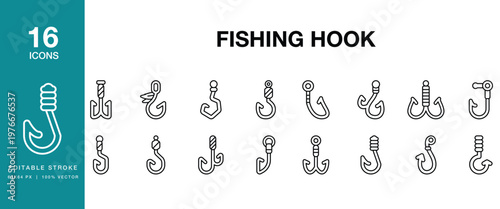 Fishing Hook icon set. Includes hook, fishing, fish, tackle, bait, angling and More. Editable Stroke Icon Collection.