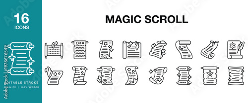 Magic Scroll icon set. Includes scroll, magic, spell, wizard, parchment, manuscript and More. Editable Stroke Icon Collection.