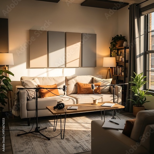 Cozy Living Room with Natural Light and Soundproofing Panels.