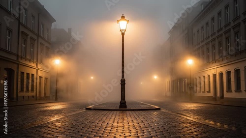 Street Lamp Illuminating Foggy City Road at Dawn