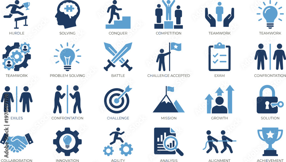 Fototapeta premium Business Challenge and Success Icon Set Featuring Competition, Teamwork, Problem Solving, Growth, Achievement, Strategy, Innovation, and Leadership Concepts